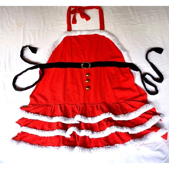 Pier 1 Christmas Red Apron Santa Claus Cookie Baking Gold Tone Accents - Picture 15 of 16